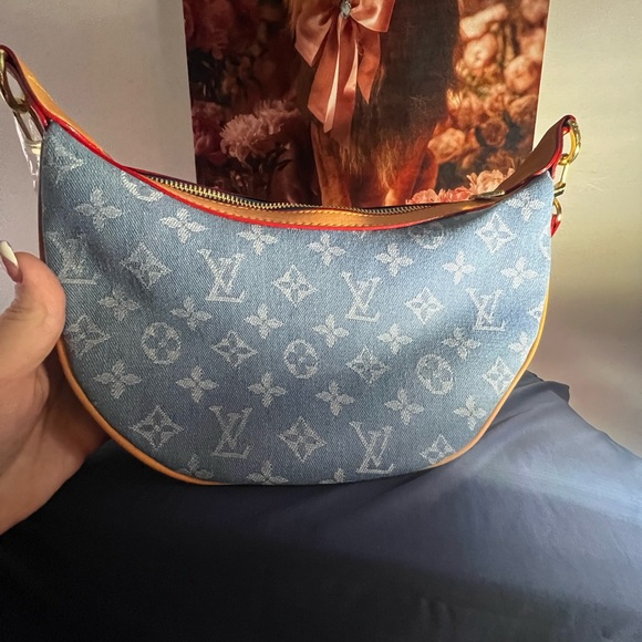 Blue Denim Monogram Shoulder Bag with Tan Trim - Picture 4 of 8